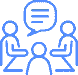 Icon-listen Blue outlined icons show three people seated around a table in a meeting, with a speech bubble indicating discussion.